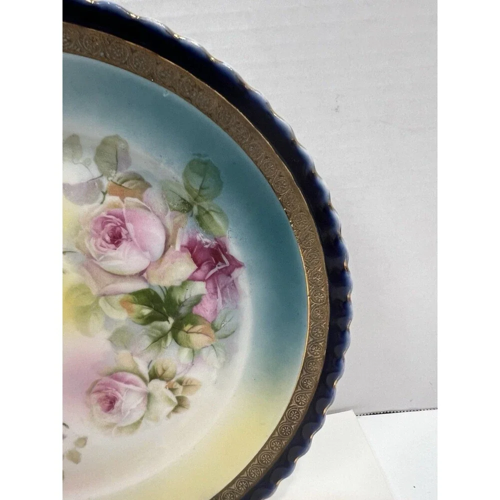 Vintage Hand Painted Porcelain Blue Bright Plate Roses Gold Gilt Scalloped Edge